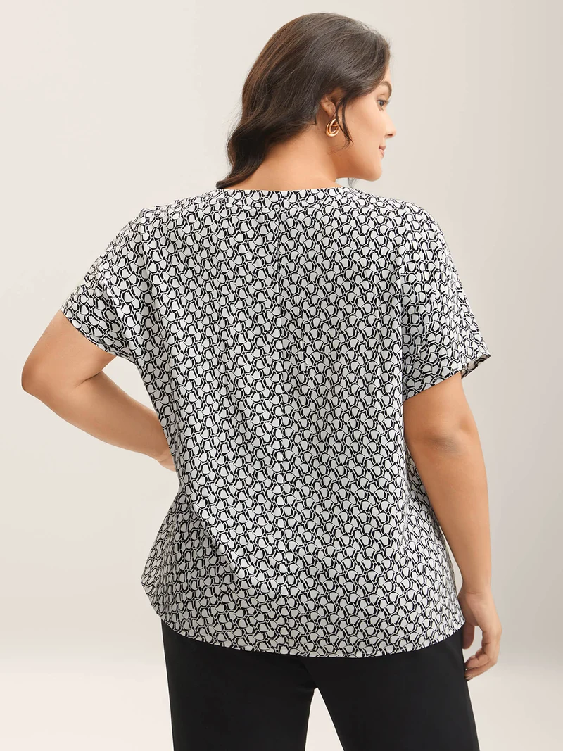 Geometric Print Notched Collar Blouse