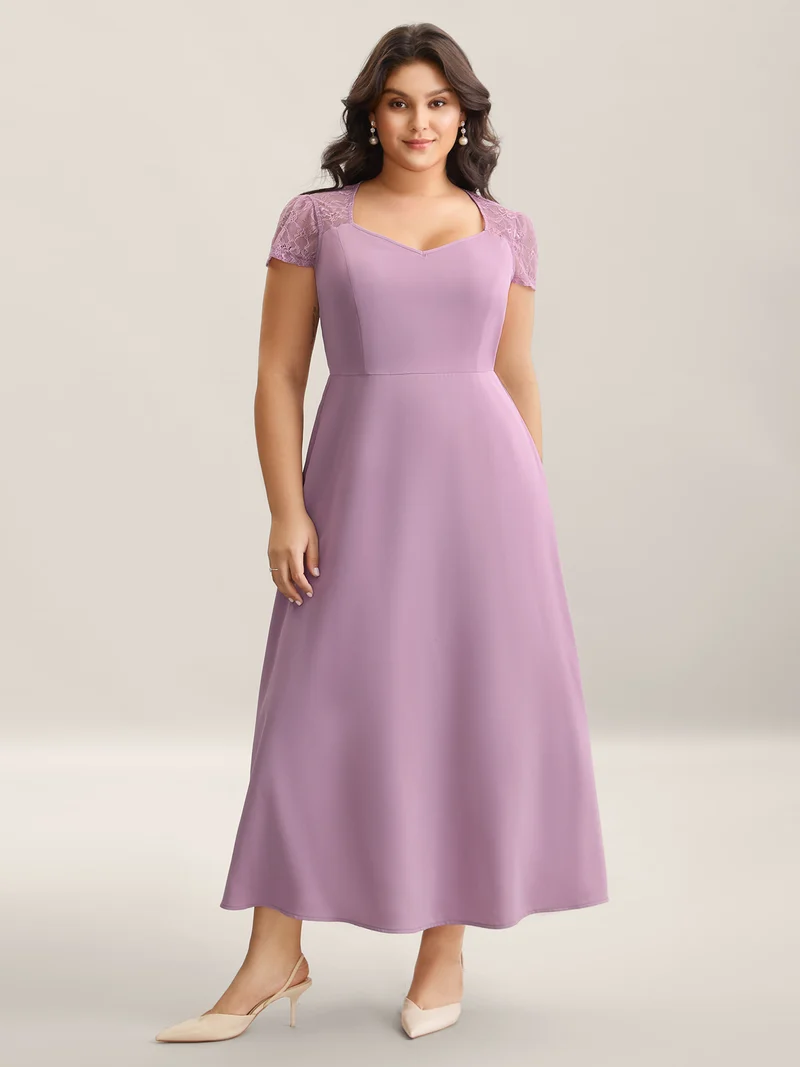 Sheer Lace Sleeve Spliced Pockets Maxi Dress