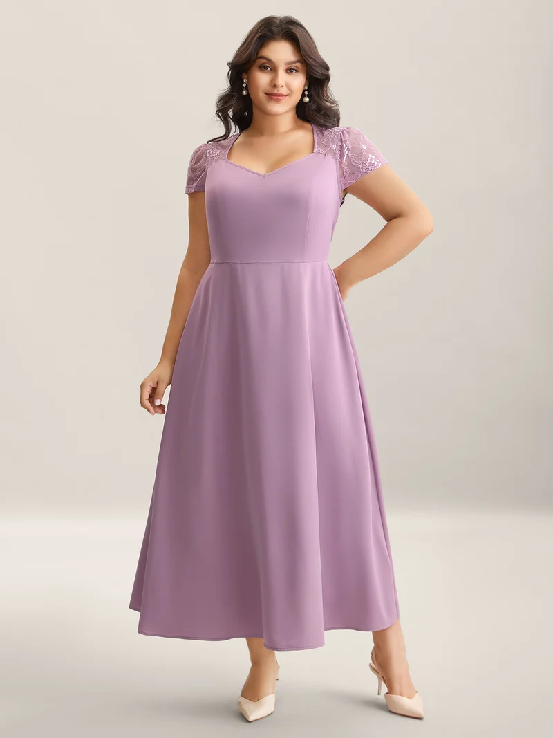 Sheer Lace Sleeve Spliced Pockets Maxi Dress