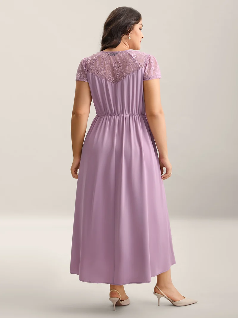 Sheer Lace Sleeve Spliced Pockets Maxi Dress
