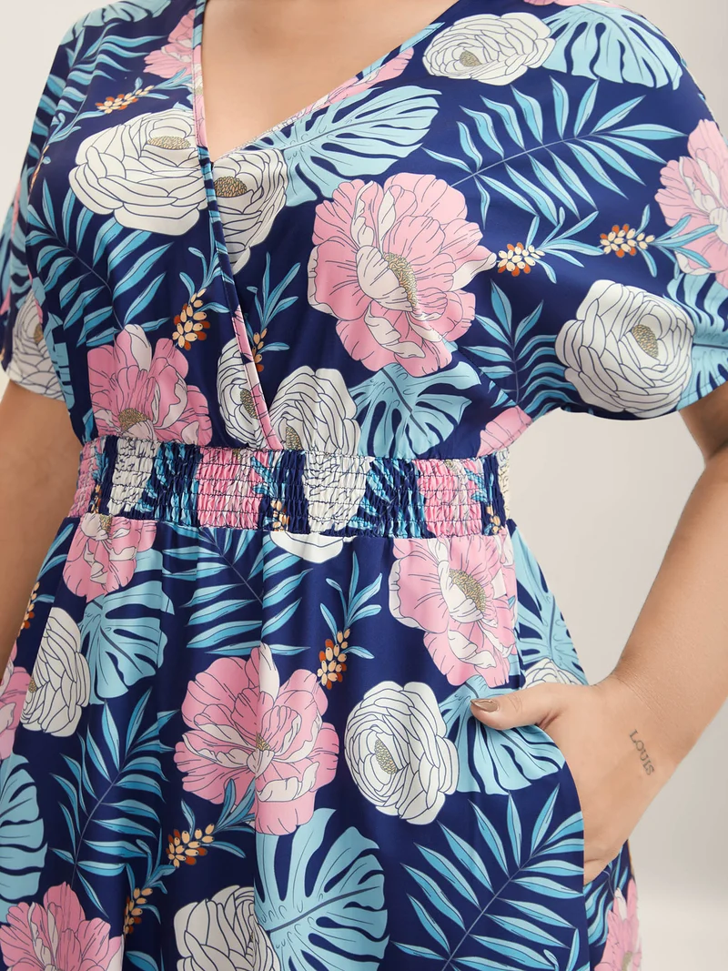 Tropical Print Back-Tie Shirred Midi Dress