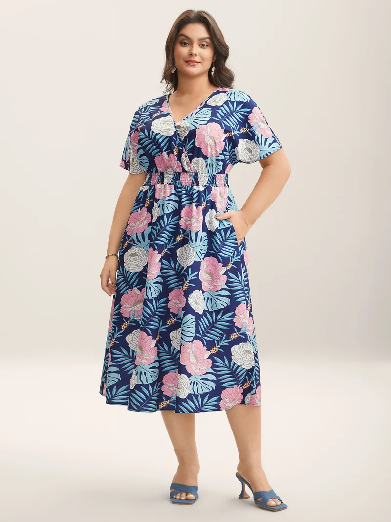 Tropical Print Back-Tie Shirred Midi Dress