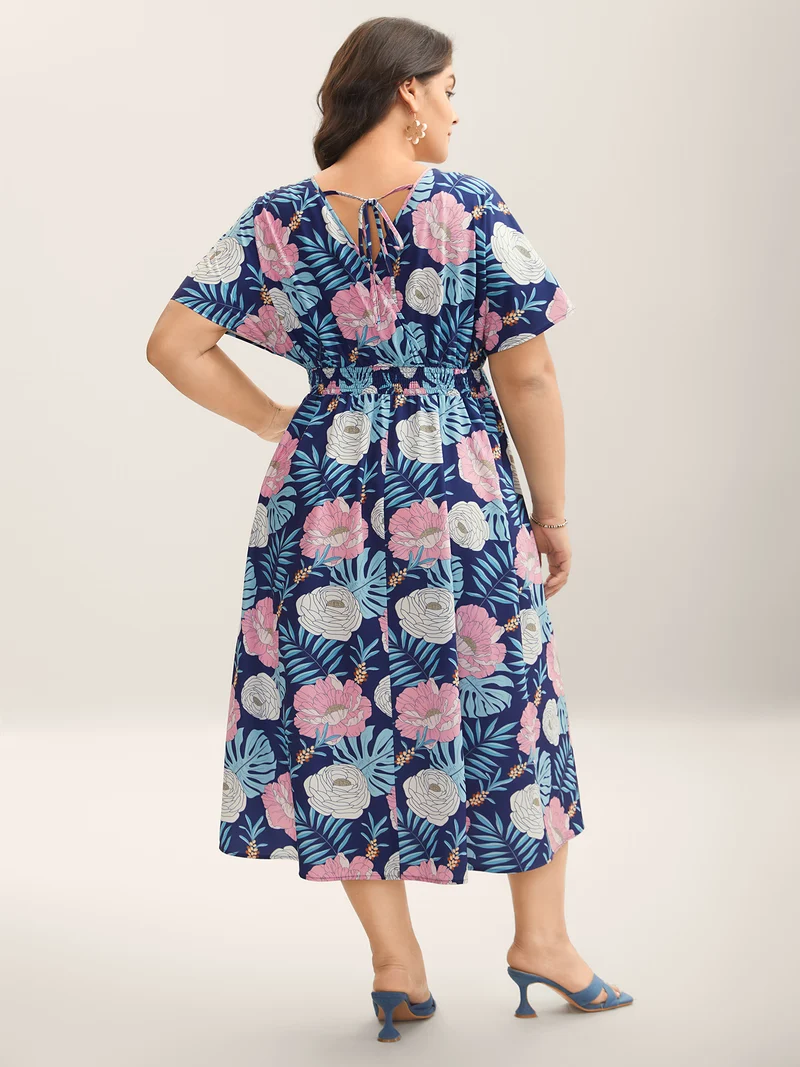 Tropical Print Back-Tie Shirred Midi Dress