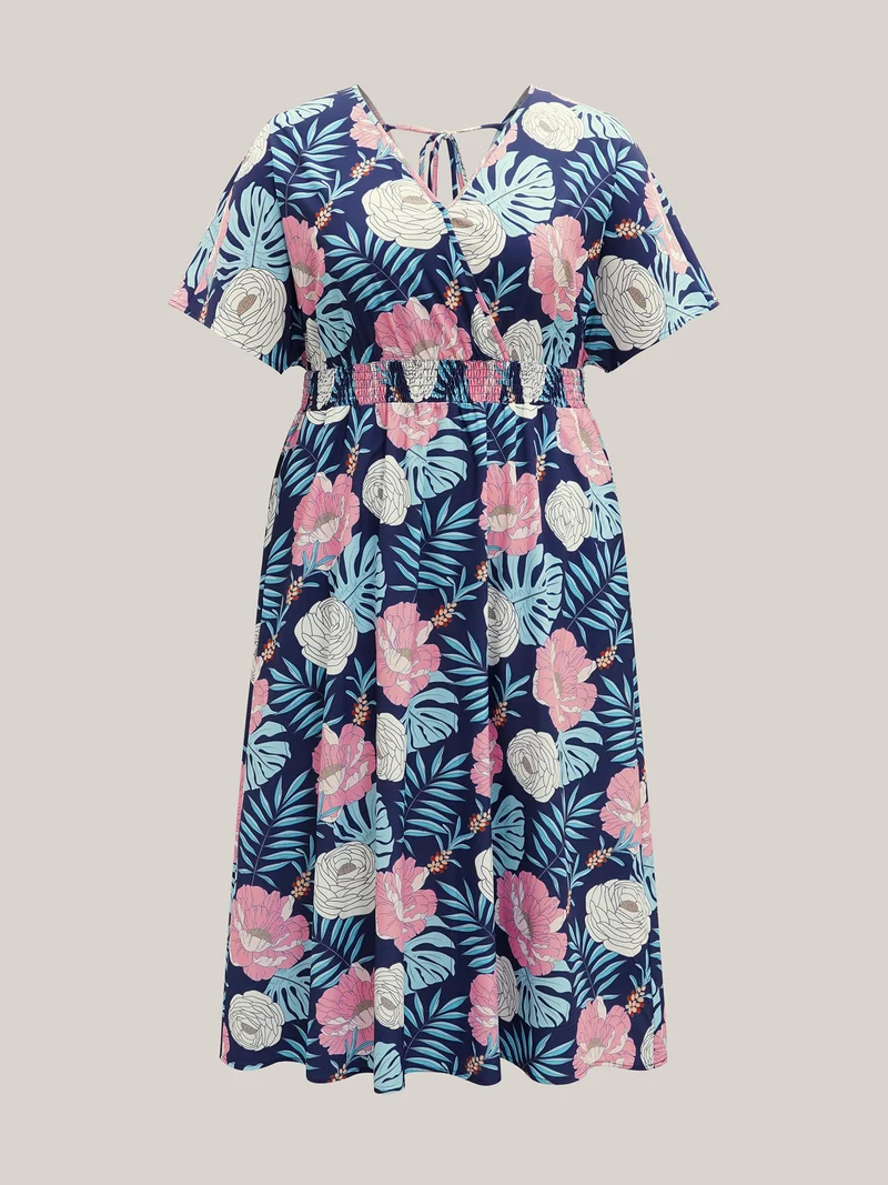 Tropical Print Back-Tie Shirred Midi Dress