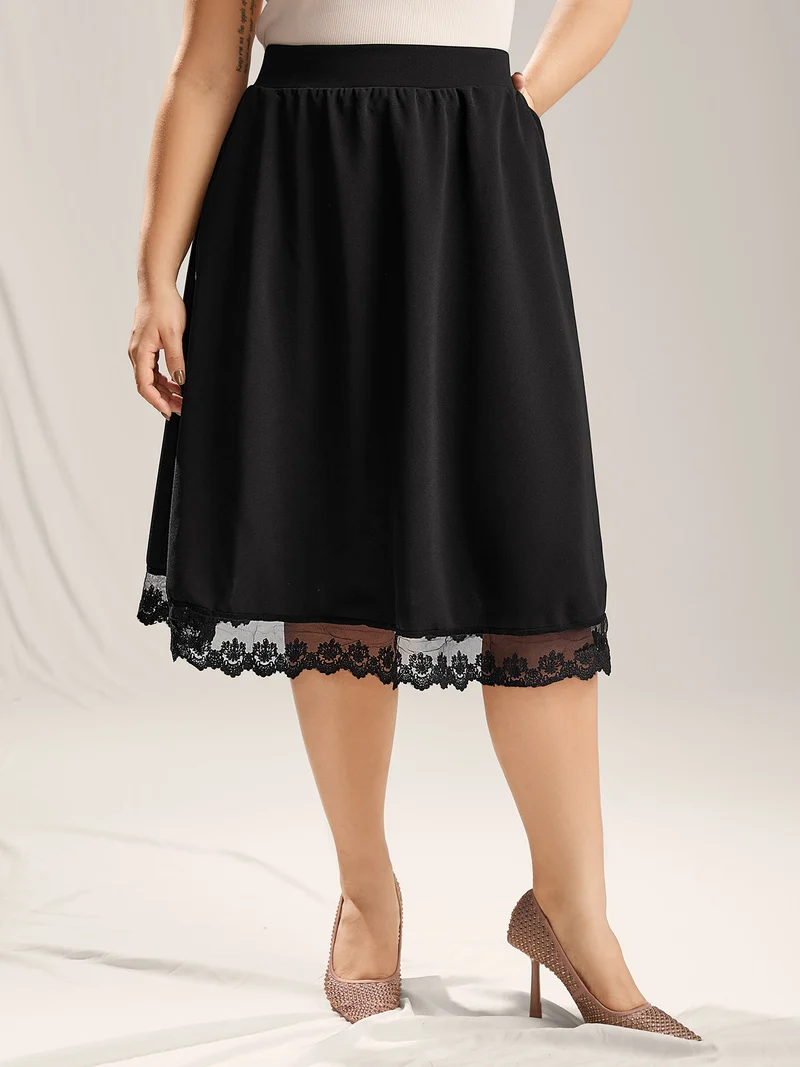 Plain Pleated Lace Hem Midi Skirt