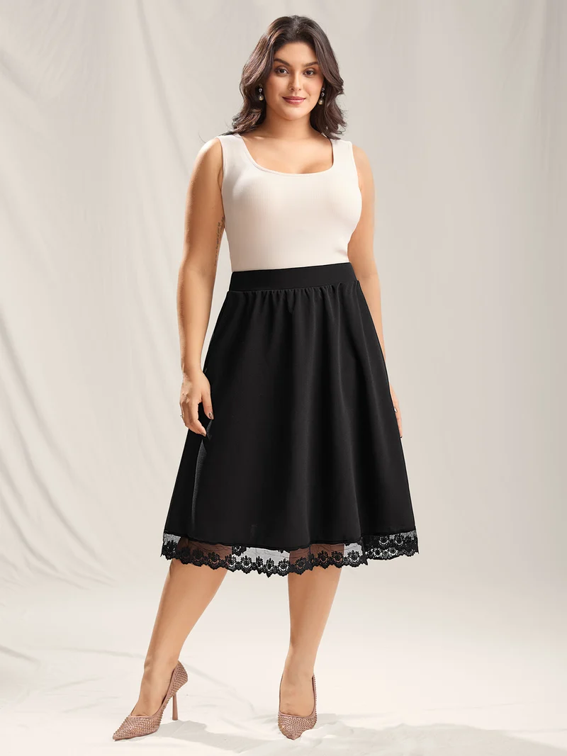 Plain Pleated Lace Hem Midi Skirt