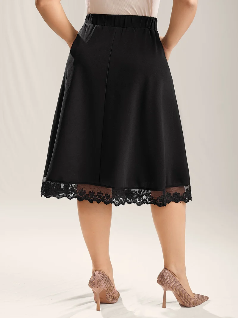 Plain Pleated Lace Hem Midi Skirt