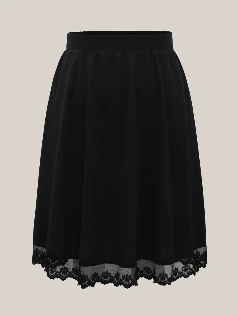 Plain Pleated Lace Hem Midi Skirt
