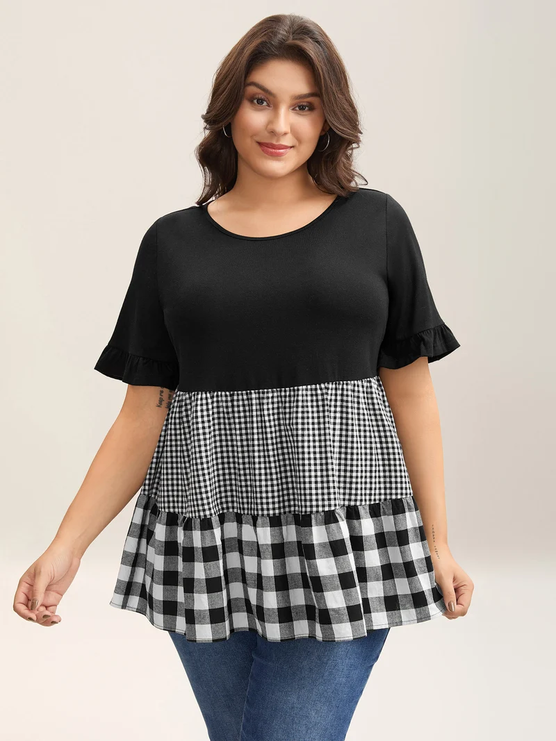 Mixed Print Round Neck Doll T-Shirt