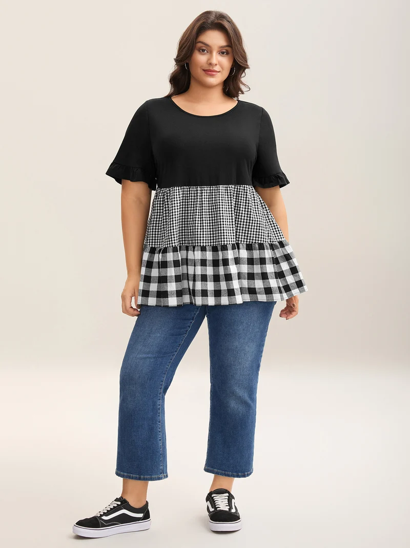 Mixed Print Round Neck Doll T-Shirt
