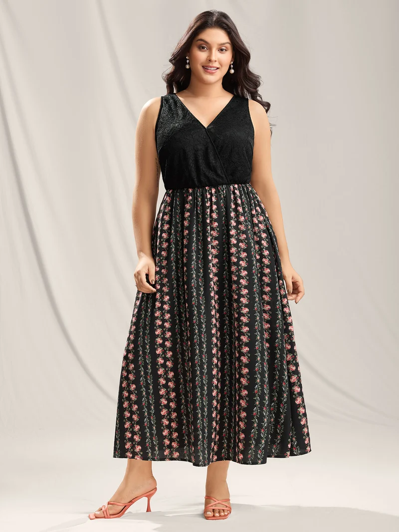 Floral Stripes Lace Trim Maxi Dress