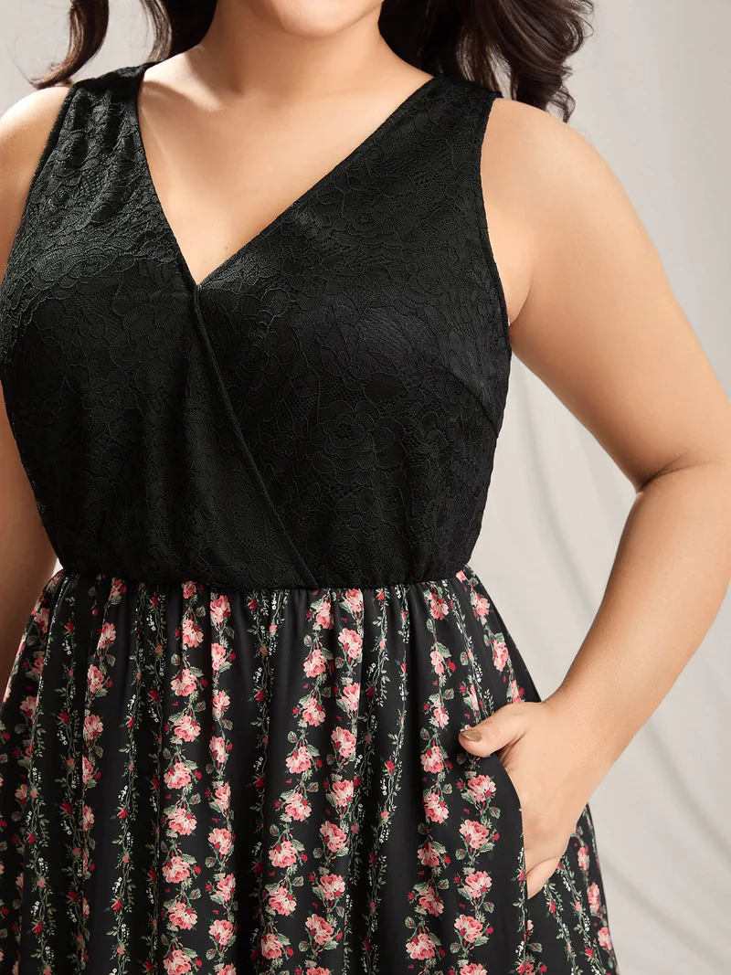 Floral Stripes Lace Trim Maxi Dress