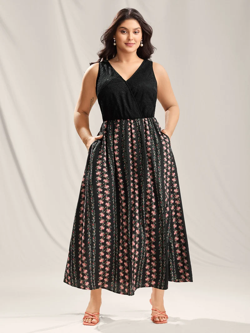 Floral Stripes Lace Trim Maxi Dress