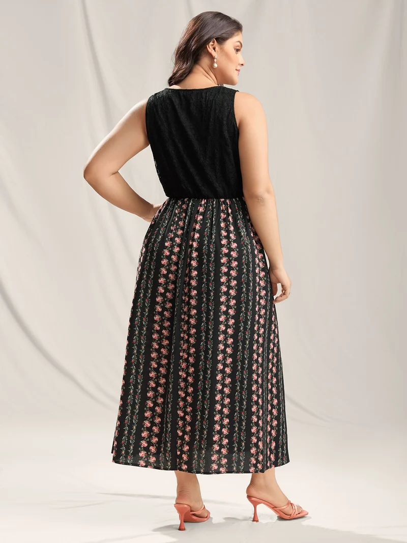 Floral Stripes Lace Trim Maxi Dress