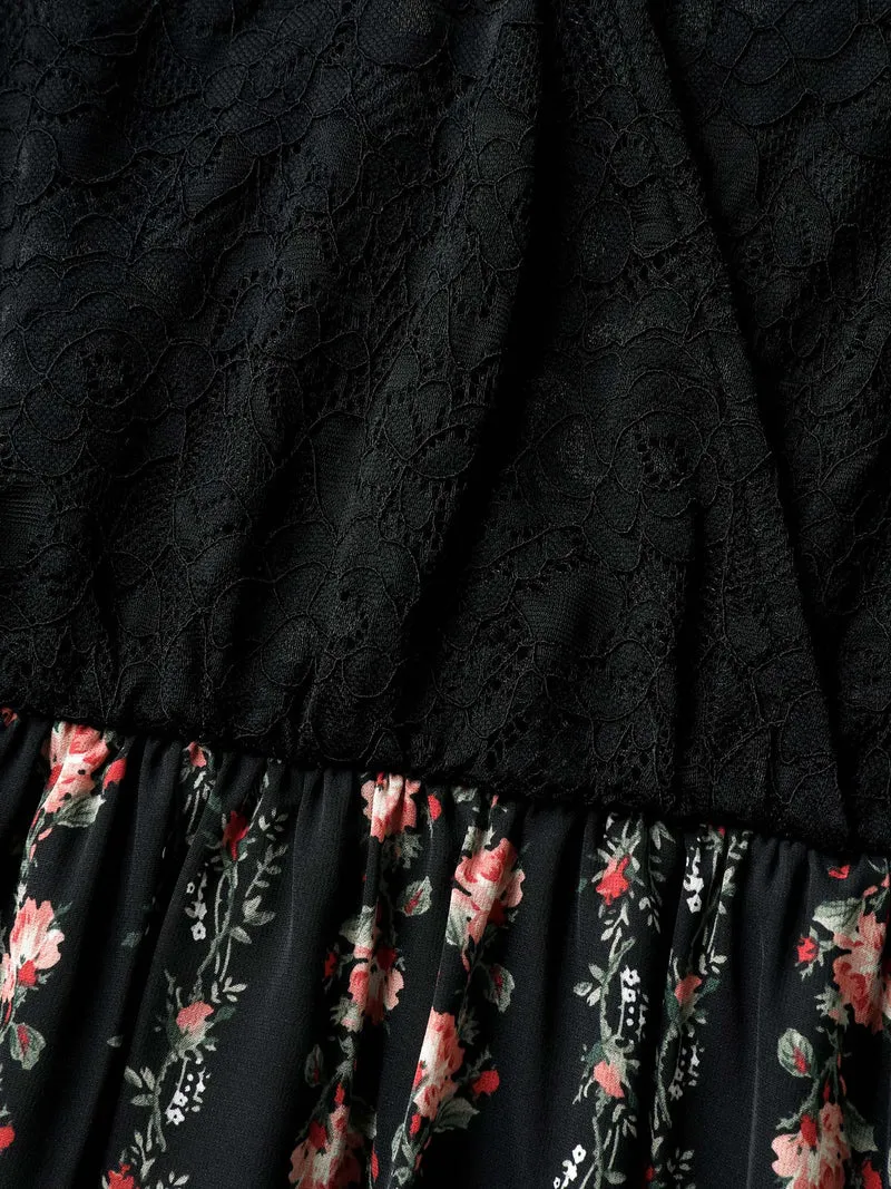 Floral Stripes Lace Trim Maxi Dress