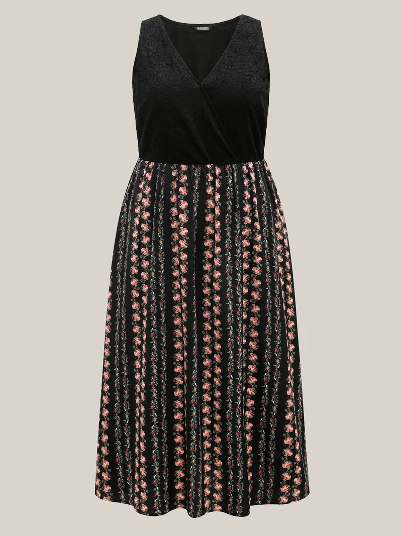 Floral Stripes Lace Trim Maxi Dress