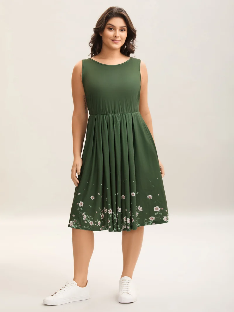 Floral Hem Print Cinched-Waist Midi Dress