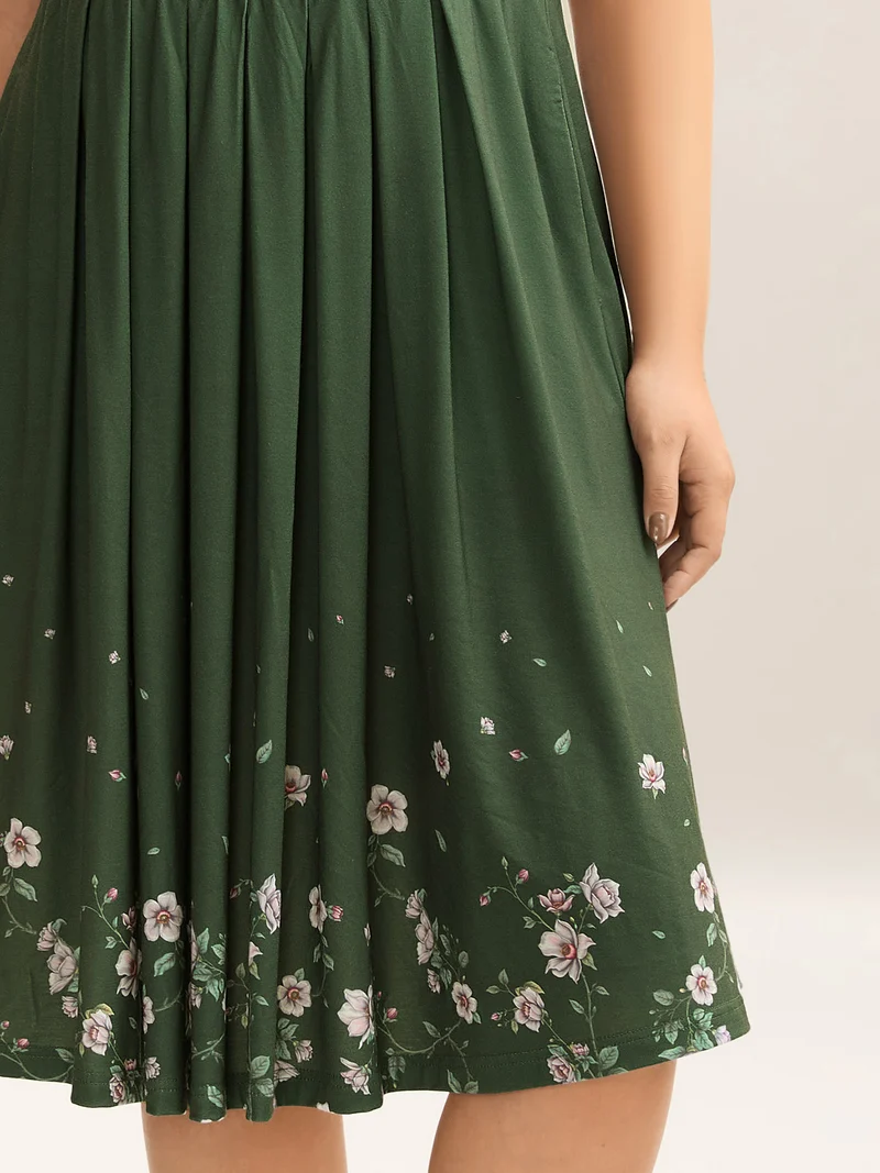 Floral Hem Print Cinched-Waist Midi Dress