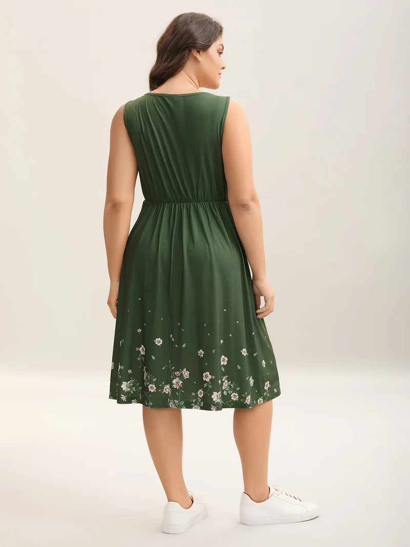 Floral Hem Print Cinched-Waist Midi Dress