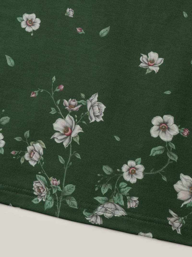 Floral Hem Print Cinched-Waist Midi Dress