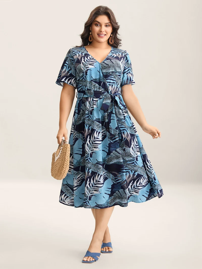 Tropical Leaf Print Pockets Belted Midi Dress