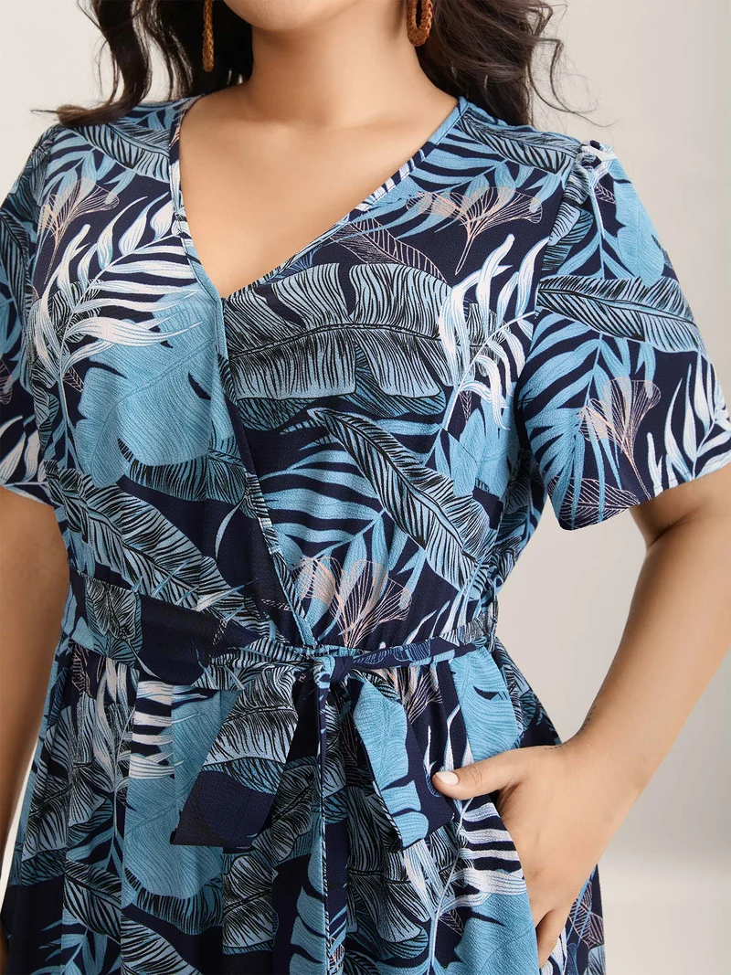 Tropical Leaf Print Pockets Belted Midi Dress