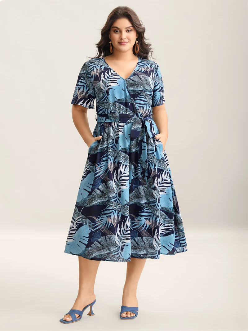 Tropical Leaf Print Pockets Belted Midi Dress