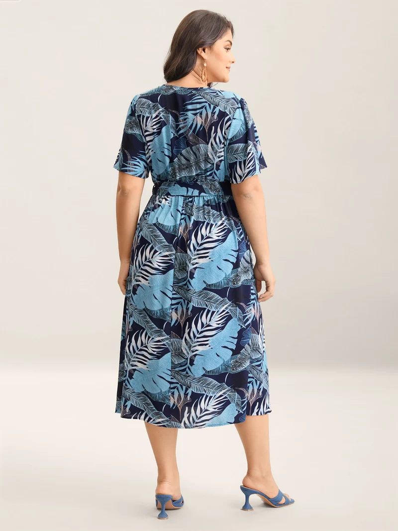 Tropical Leaf Print Pockets Belted Midi Dress