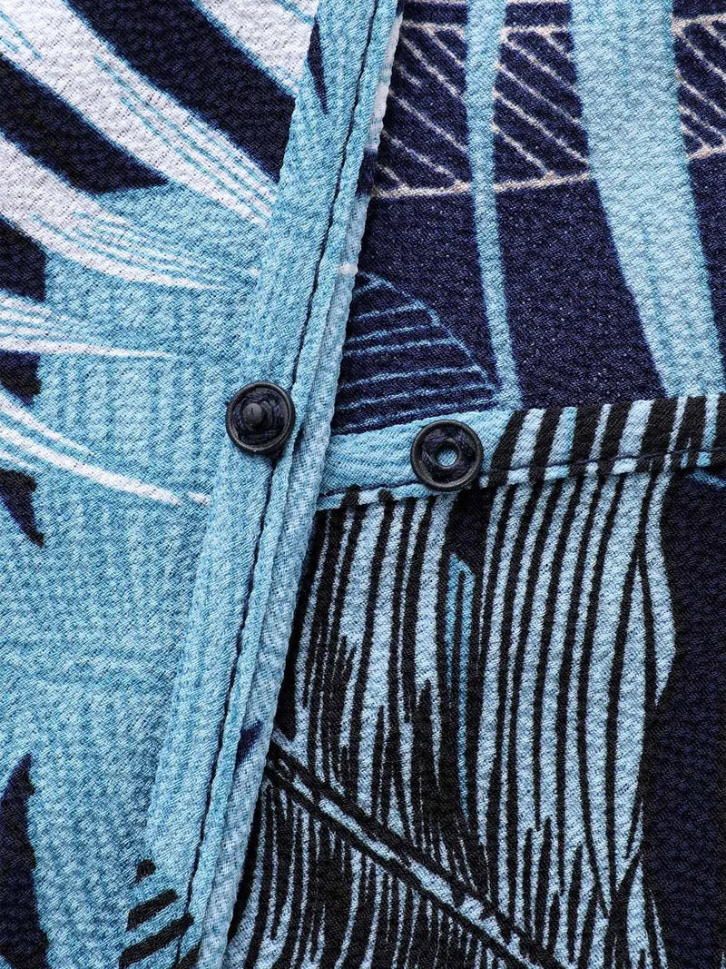 Tropical Leaf Print Pockets Belted Midi Dress