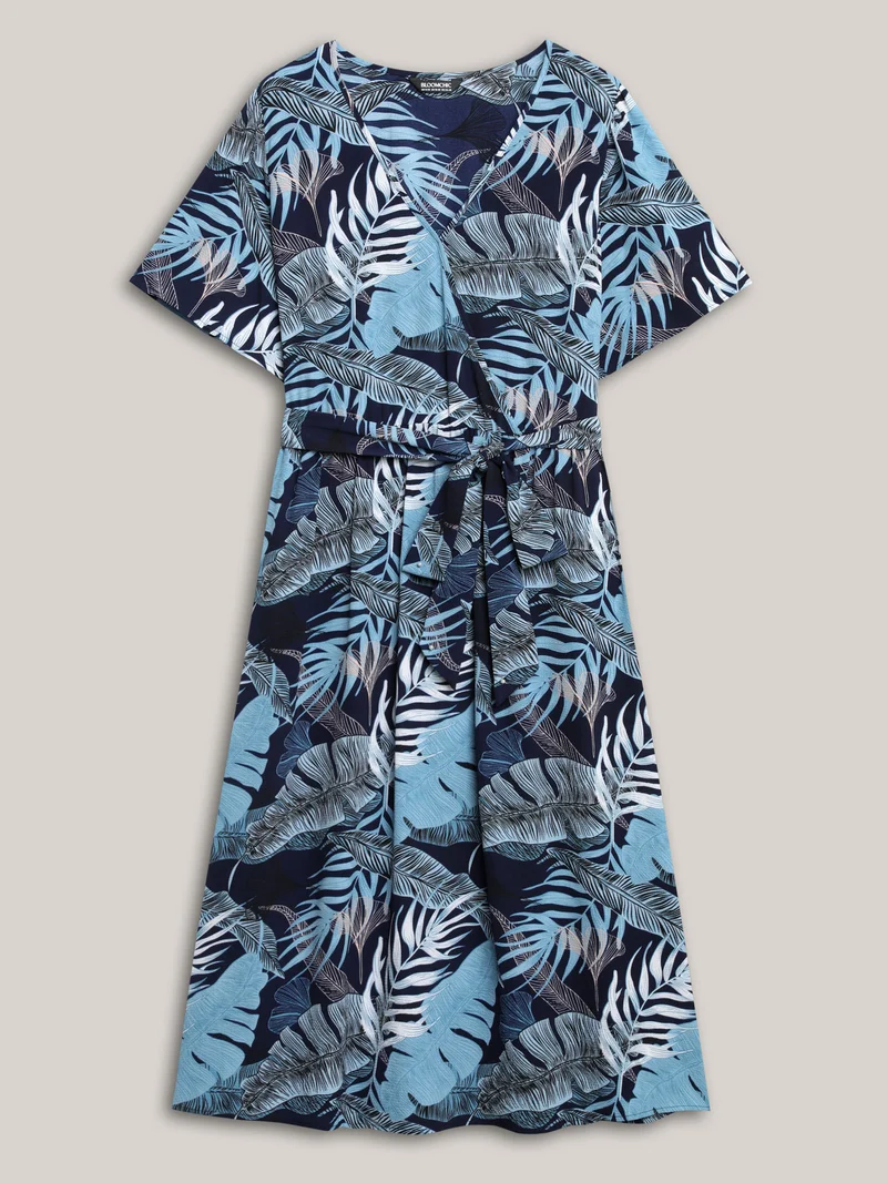 Tropical Leaf Print Pockets Belted Midi Dress