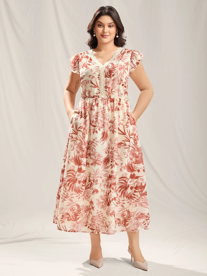 Large Flower Print Lace Trim Maxi Dress