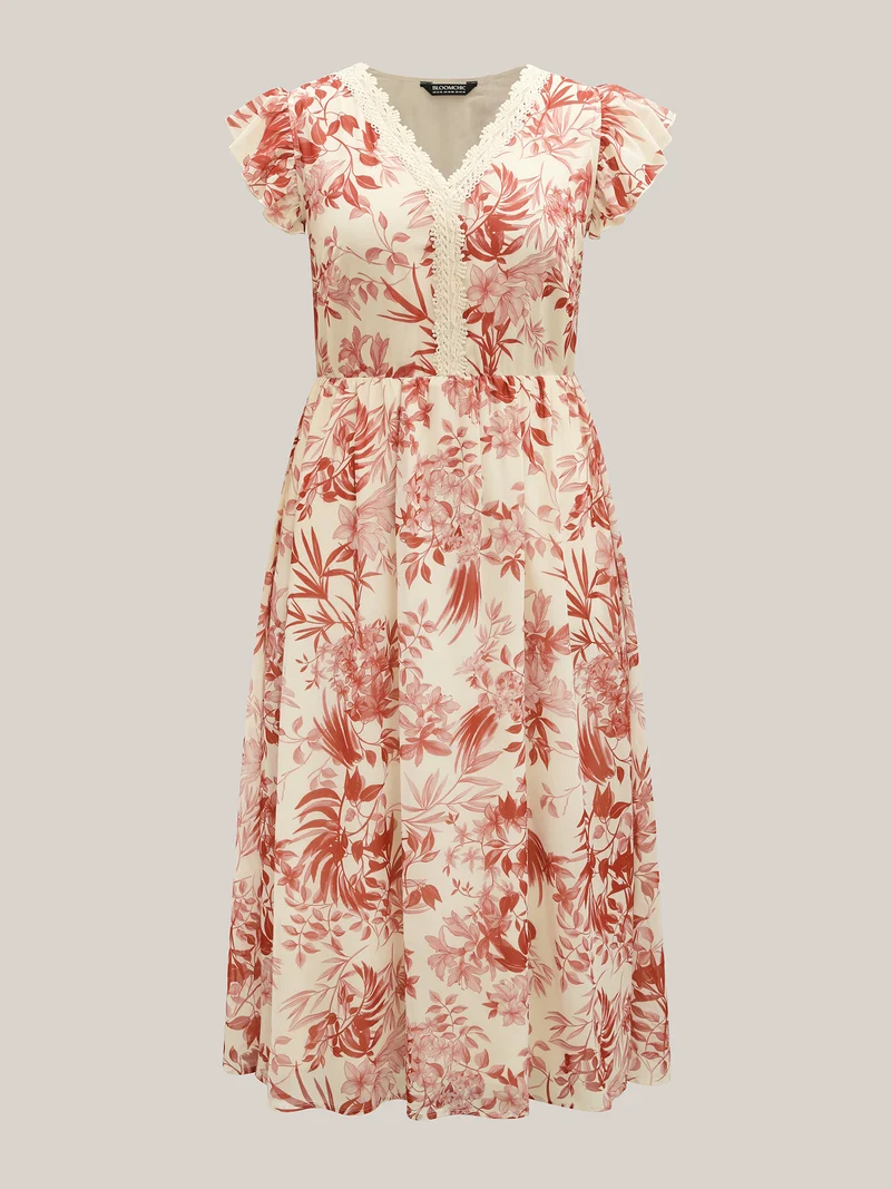 Large Flower Print Lace Trim Maxi Dress