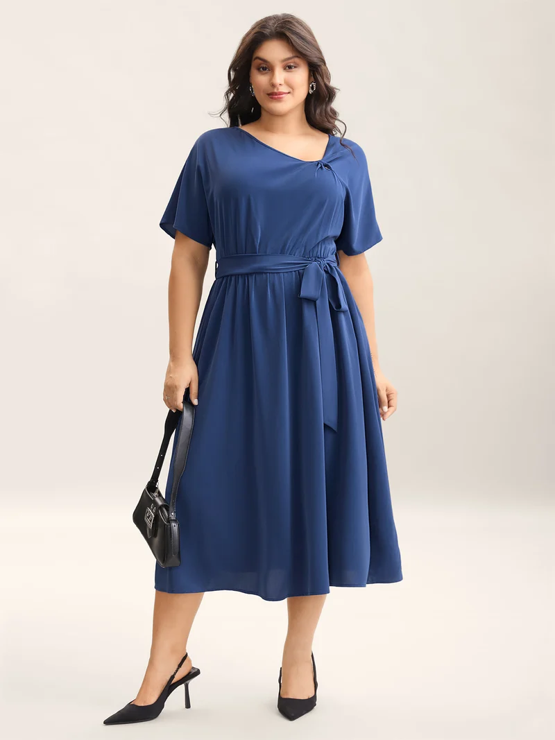 Keyhole Belted Pockets Plain Midi Dress
