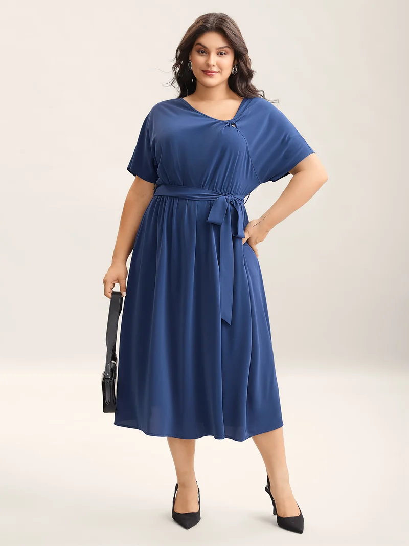 Keyhole Belted Pockets Plain Midi Dress