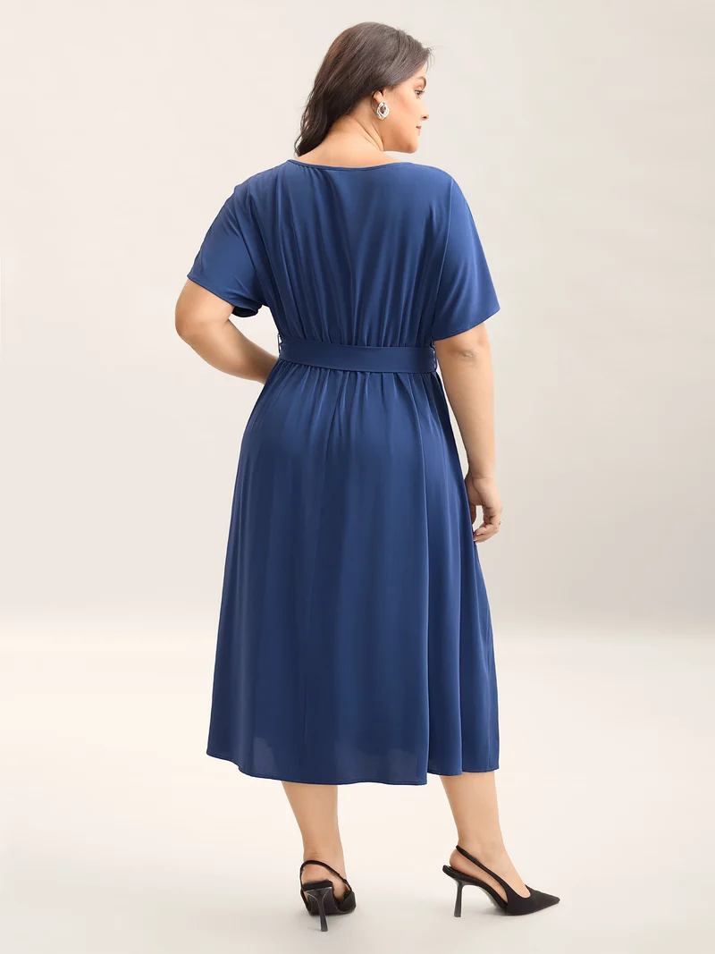 Keyhole Belted Pockets Plain Midi Dress