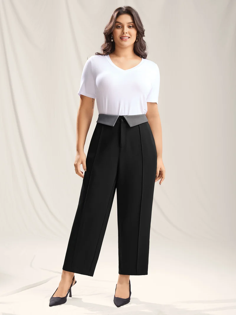 Color Contrast Waistband Straight-Leg Pants