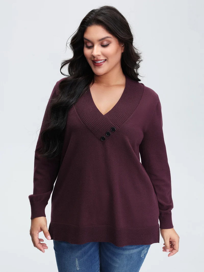 V-Neck Button Detail Plain Pullover