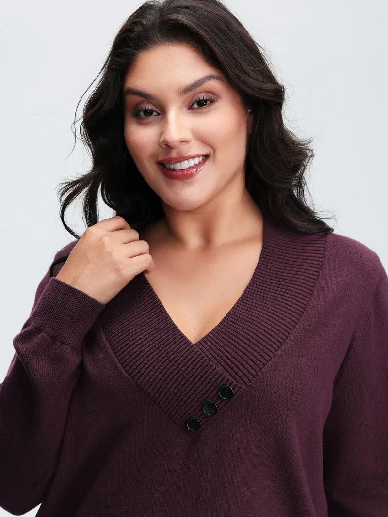 V-Neck Button Detail Plain Pullover