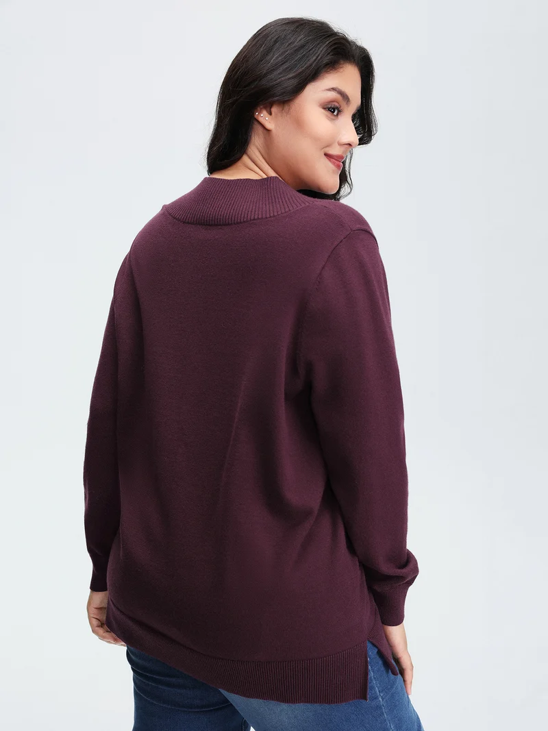V-Neck Button Detail Plain Pullover