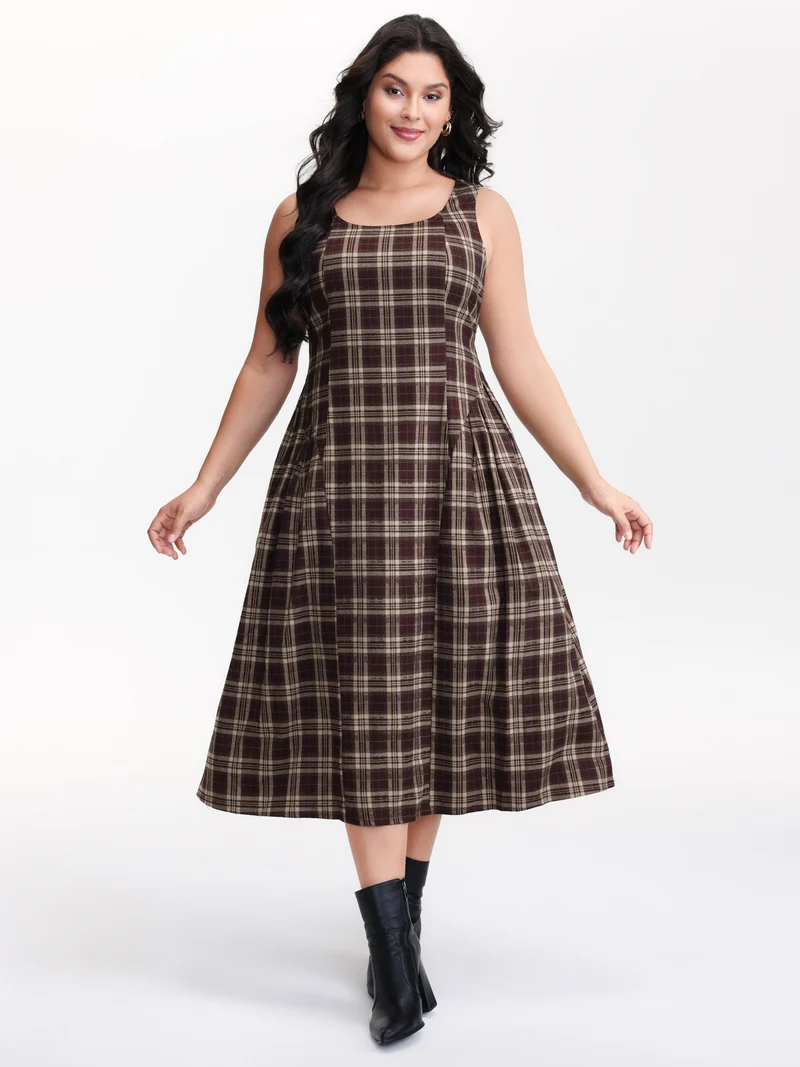 Retro Plaid Drop Waist Tie Midi Dress