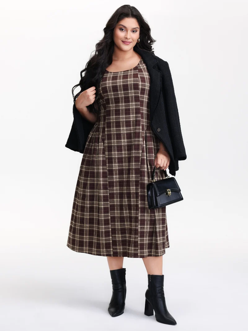 Retro Plaid Drop Waist Tie Midi Dress