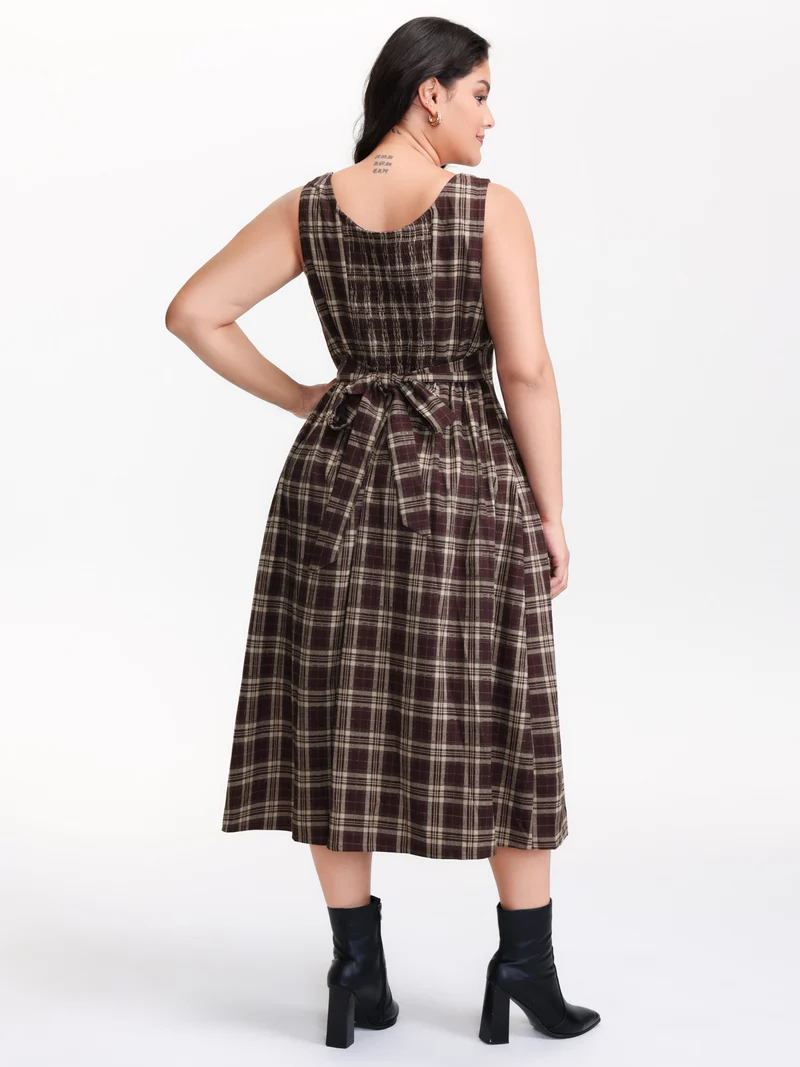 Retro Plaid Drop Waist Tie Midi Dress