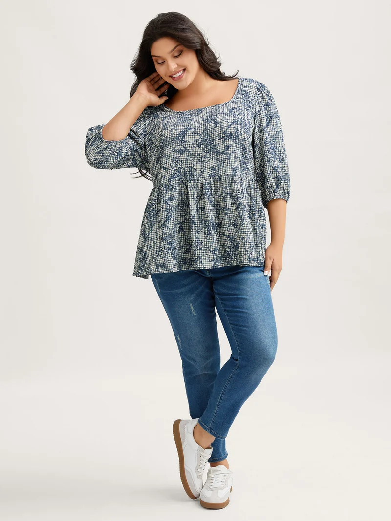 Check Toile de Jouy Shirred Pattern Blouse