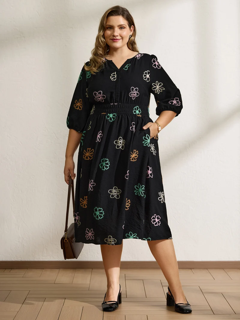 Colorful Embroidered Waist-Defining Midi Dress