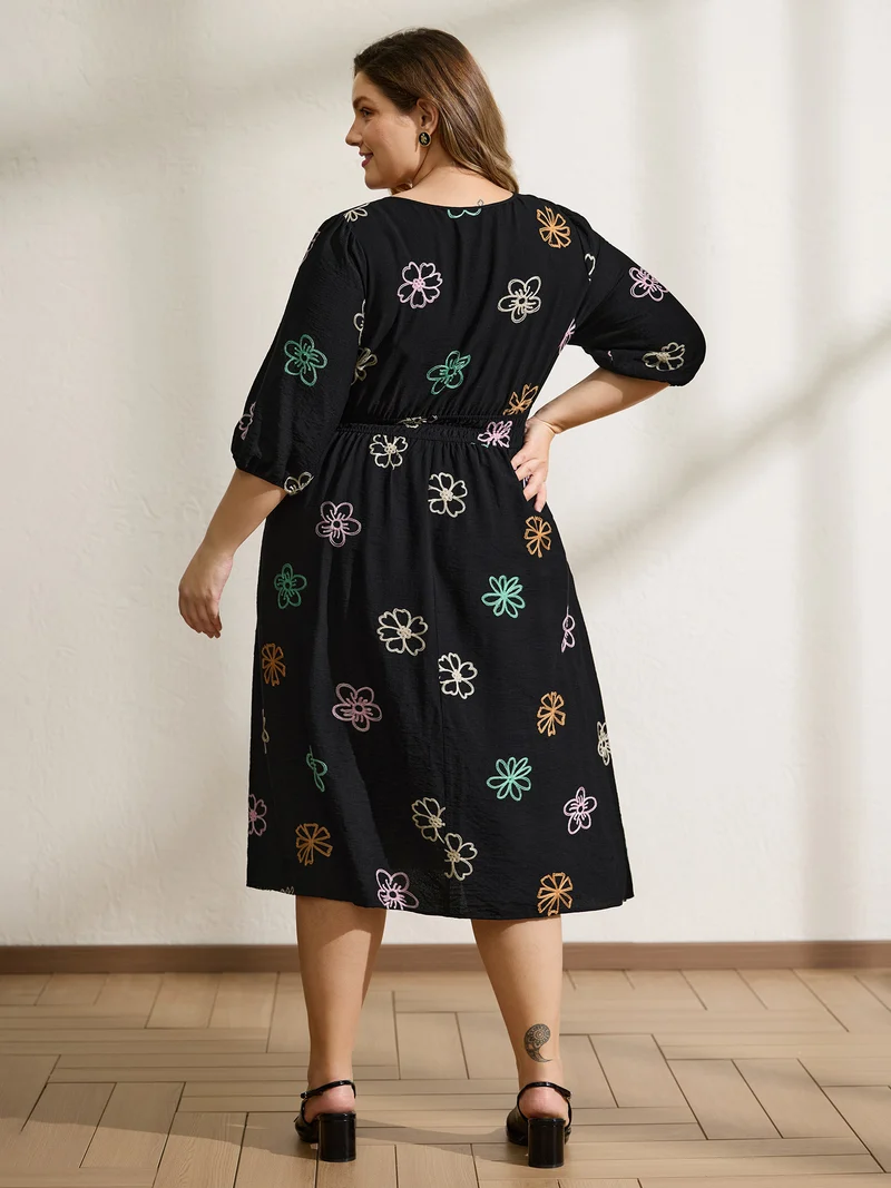 Colorful Embroidered Waist-Defining Midi Dress