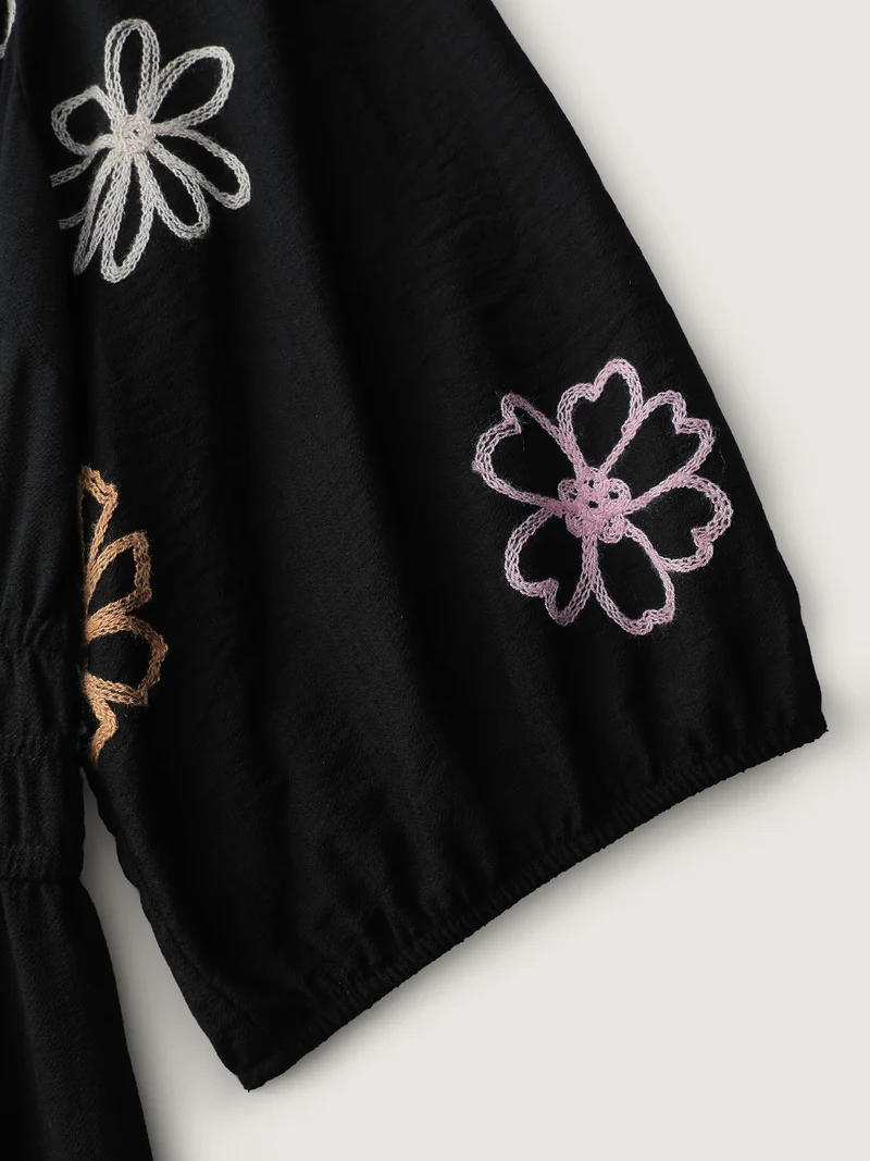 Colorful Embroidered Waist-Defining Midi Dress
