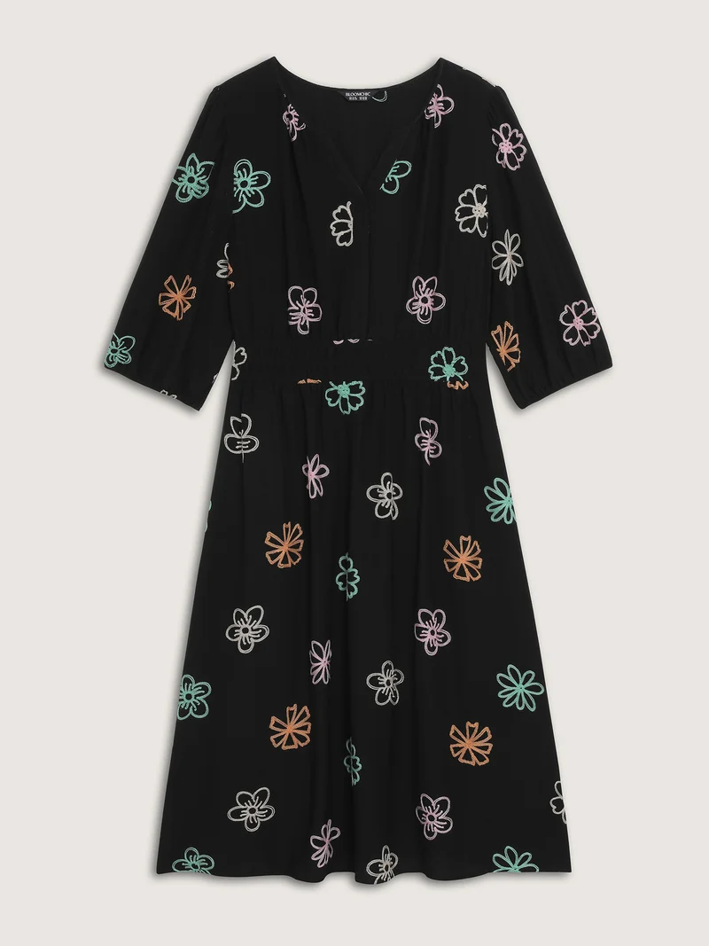 Colorful Embroidered Waist-Defining Midi Dress