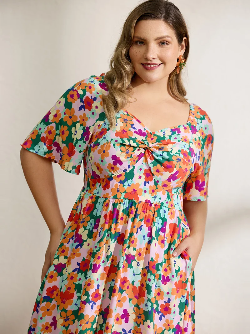 Floral Print Twist Knot Midi Dress