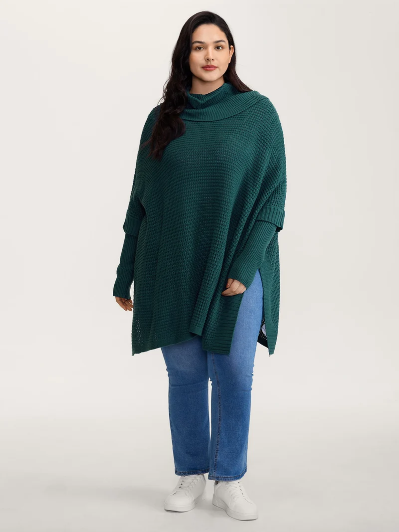 Cape-Style Turtleneck Textured Pullover