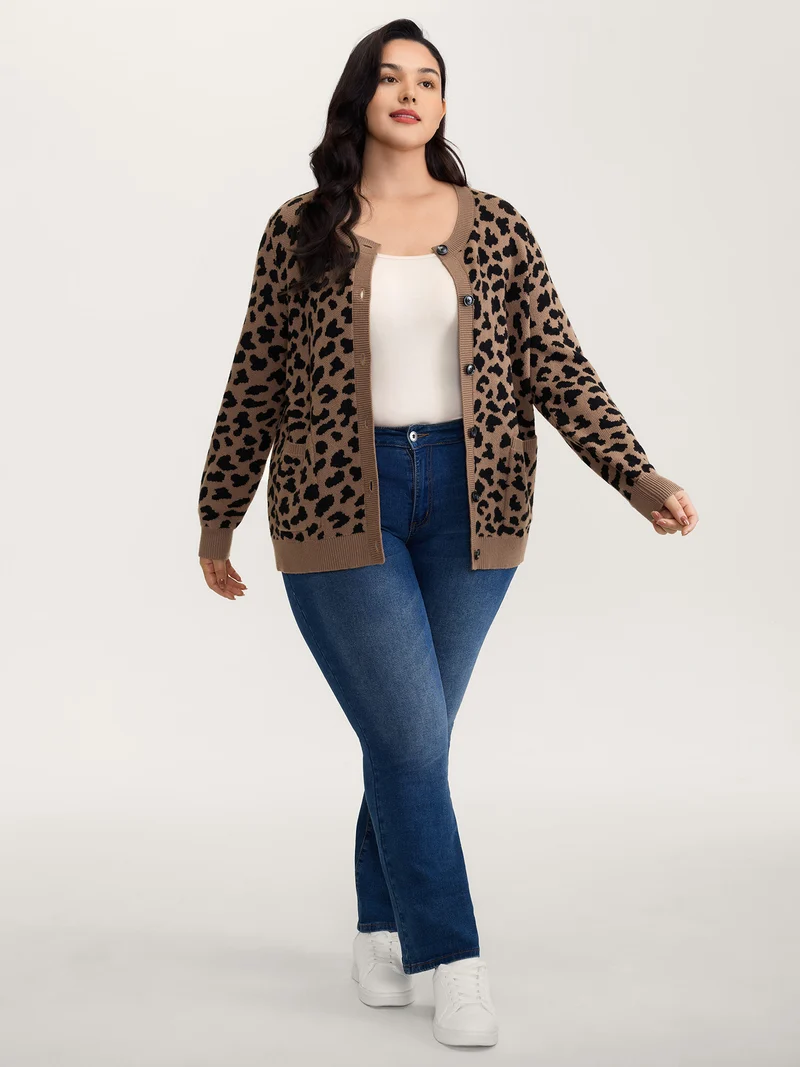 Supersoft Leopard Print Pockets Contrast Knit Cardigan